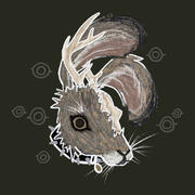 A digital drawing of a partial side view of the head of a hare. Its eye is wide open and staring at the viewer. Part of it's skull is exposed on one side, and it is wearing a spiked collar. its ears curve above its head, and it has two antlers coming from